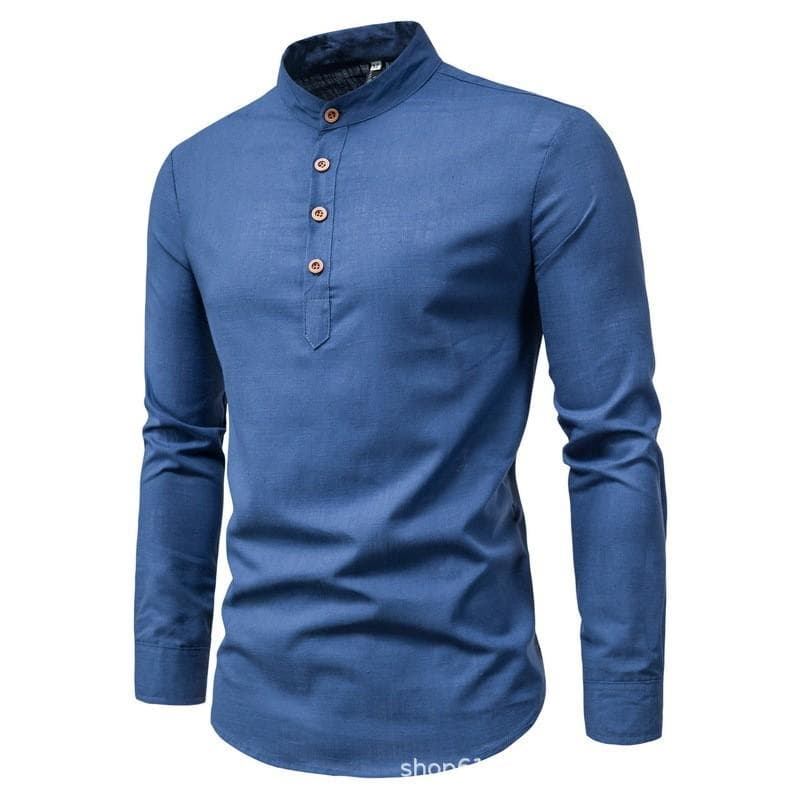 Men's solid color casual slim fitting standing collar long sleeved business shirt shirt L blue