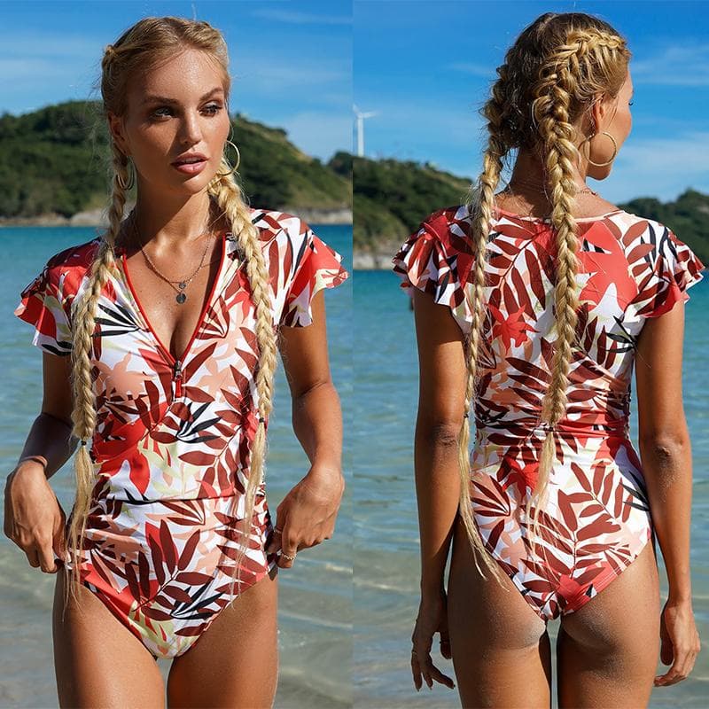 Womens Zip Front One Piece Sexy Surfing Sport Swimsuit Ruffle Sleeve Swimwear Bodysuit M red