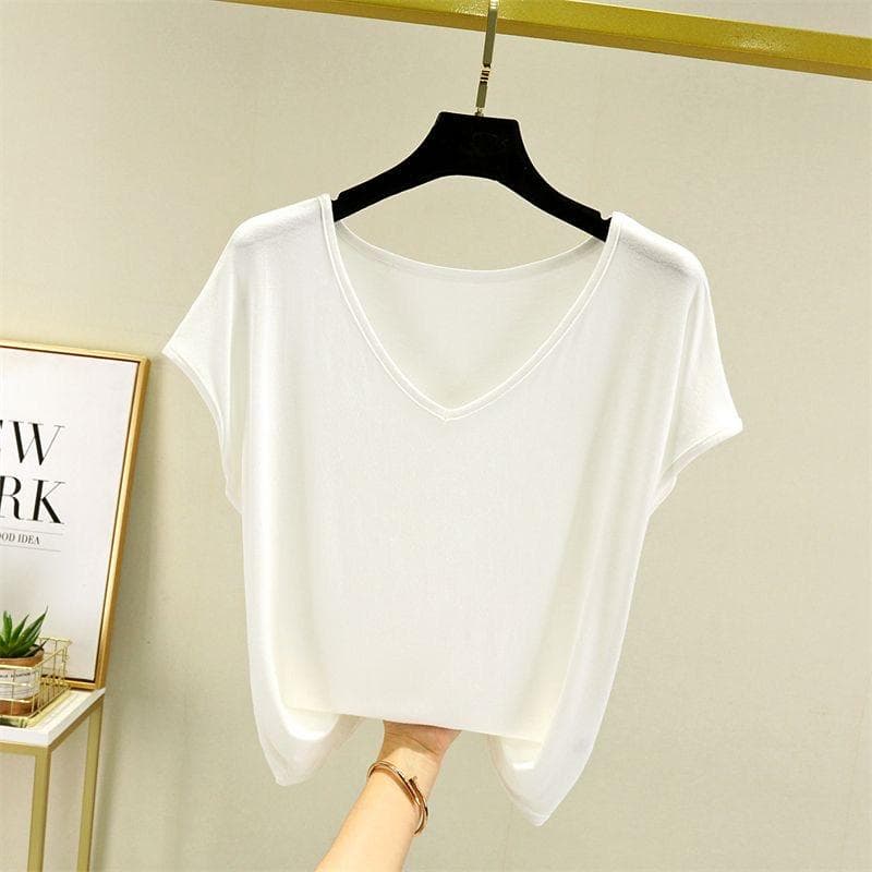 Women Summer Solid V Neck Basic T Shirt Modal Loose Tee Tops Casual Undershirt XL white