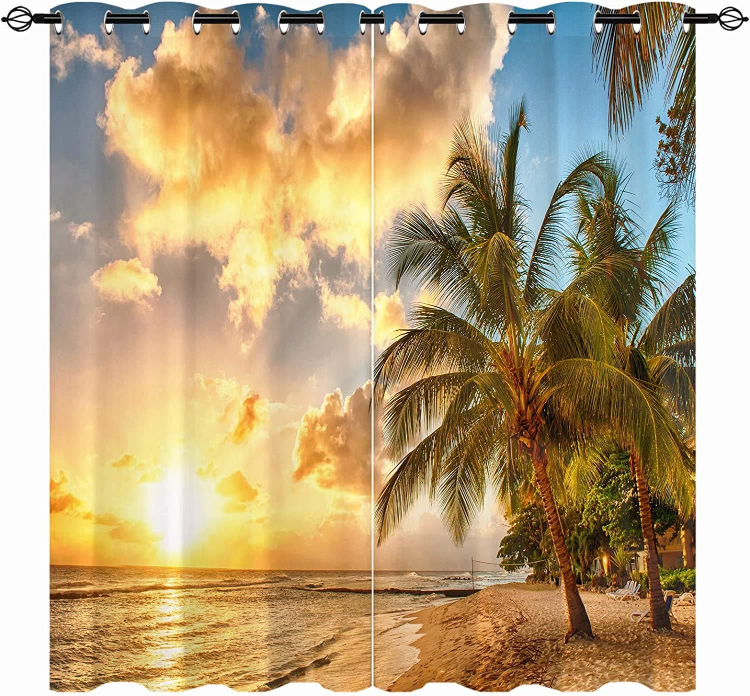 Coastal Beach Hawaiian Palm Trees Pier Landscape 3D Pattern Window Curtain Set for Bedroom Decoration Home Decor Drapes 173W214H(CM)68x84in&Hook