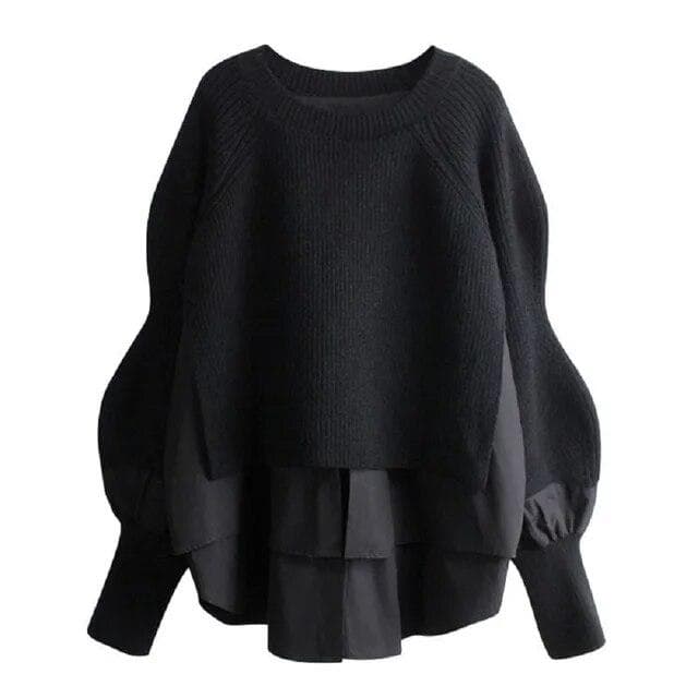 Knit Sweater Women Winter Fake Two-piece Fashion Loose Round Neck Design Sense Pullover Thin Long-sleeved Oversize Top Sweater one size black