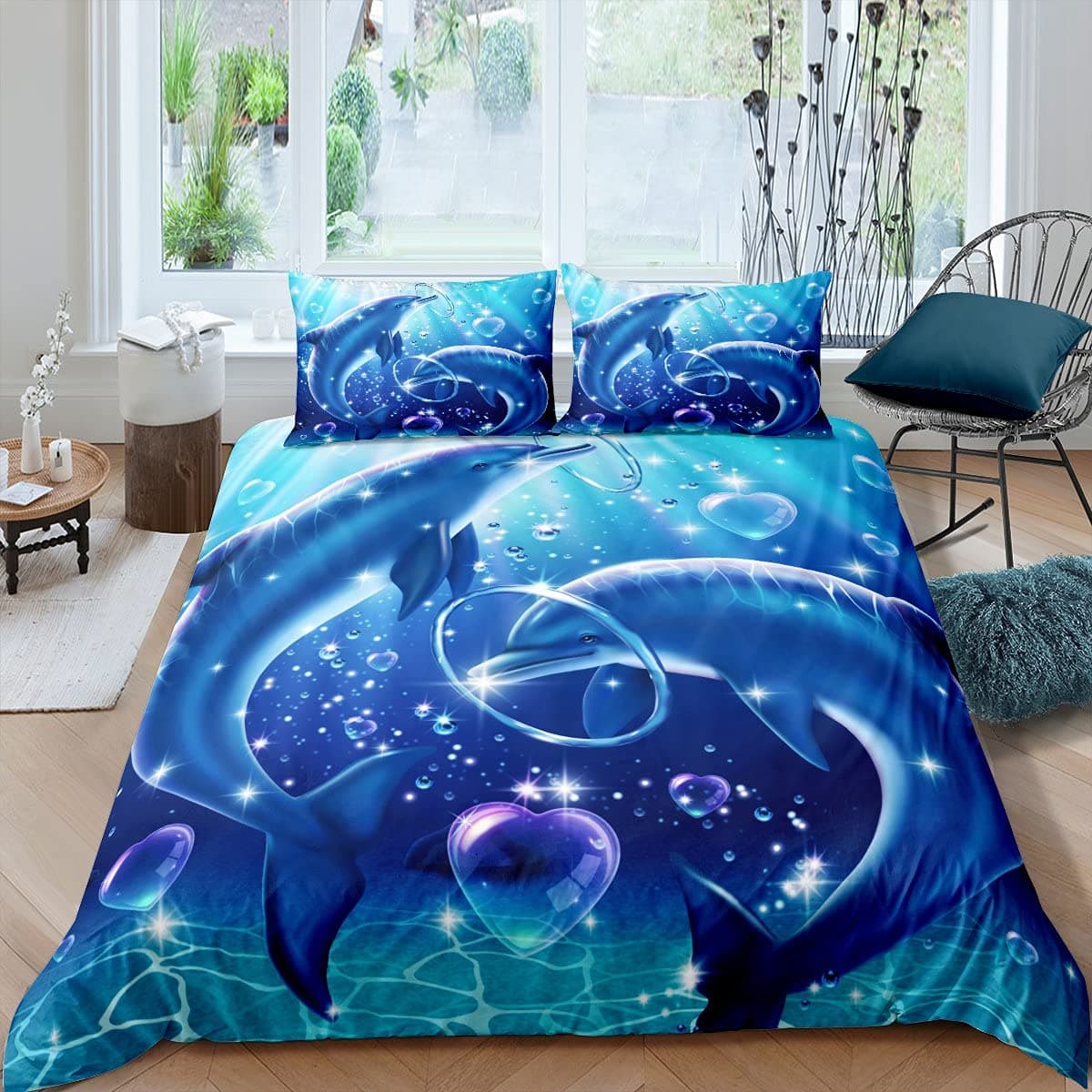 Blue Dolphin Bedding Set, Comforter Queen Full Size,Ocean Animal Bedding for Boys Kids, Teen Boy Bedding with Pillowcases 3pcs EU King(240x220cm)