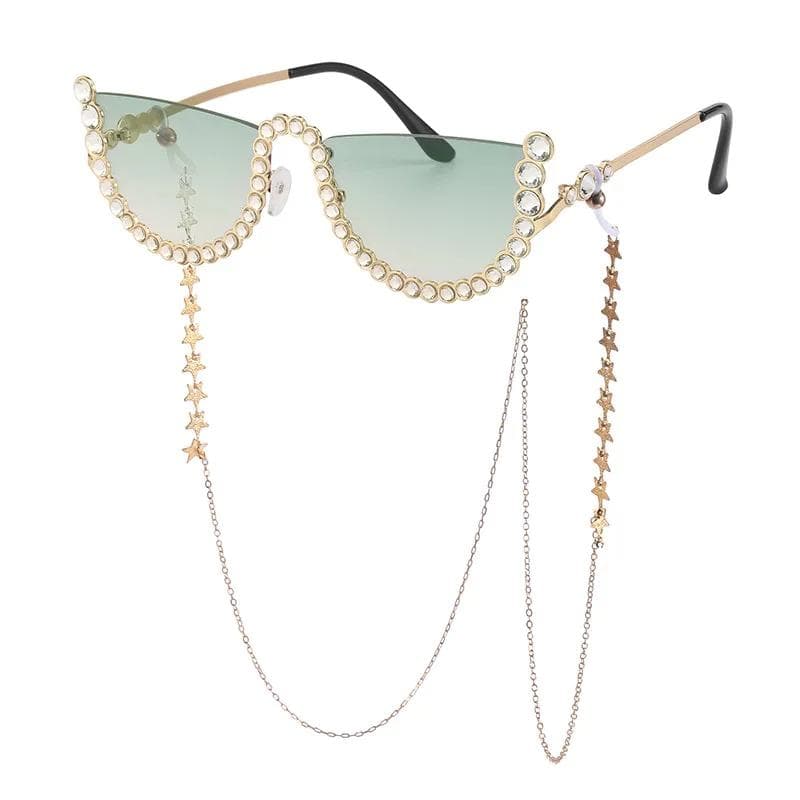 Diamond Cat Eye Chain Sunglasses Women Semi-Rimless Sun GlassesBrand Designer Crystal Sexy Frame Rhinestone Eyewear Oculos as picture