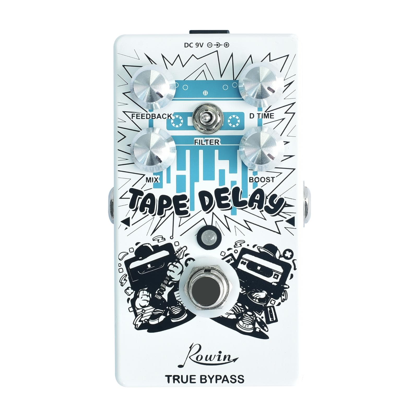 Rowin RE-01 TAPE DELAY Digital Delay Guitar Effect Pedal with Feedback Time Mix Boost 4 Control white