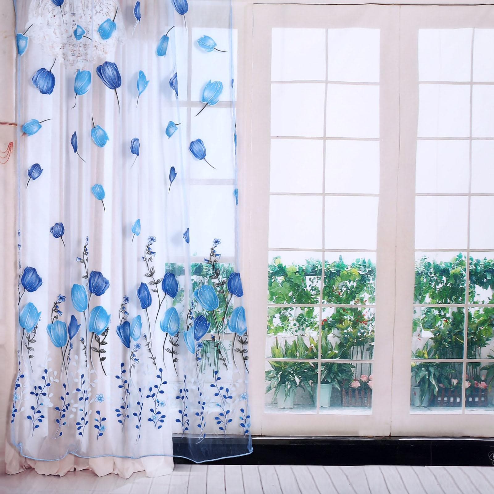 100*200cm Tulips Printing Tulle Curtains Sheer Drape Balcony Window Decoration Pink blue