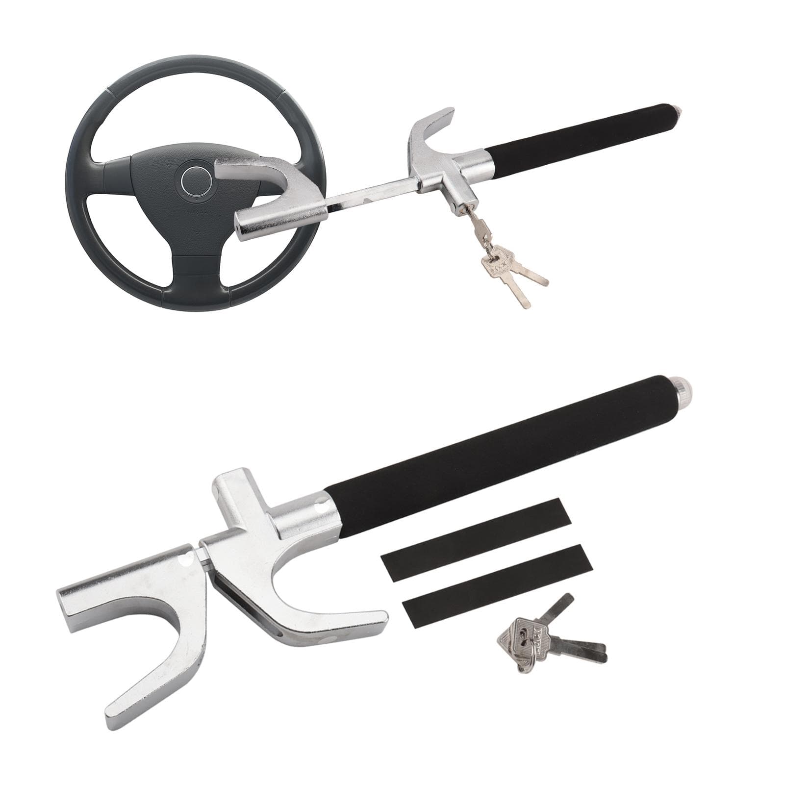 Car Steering Wheel Lock, Adjustable Anti-Theft Steering Wheel Lock with 3 Keys and Safety Hammer black