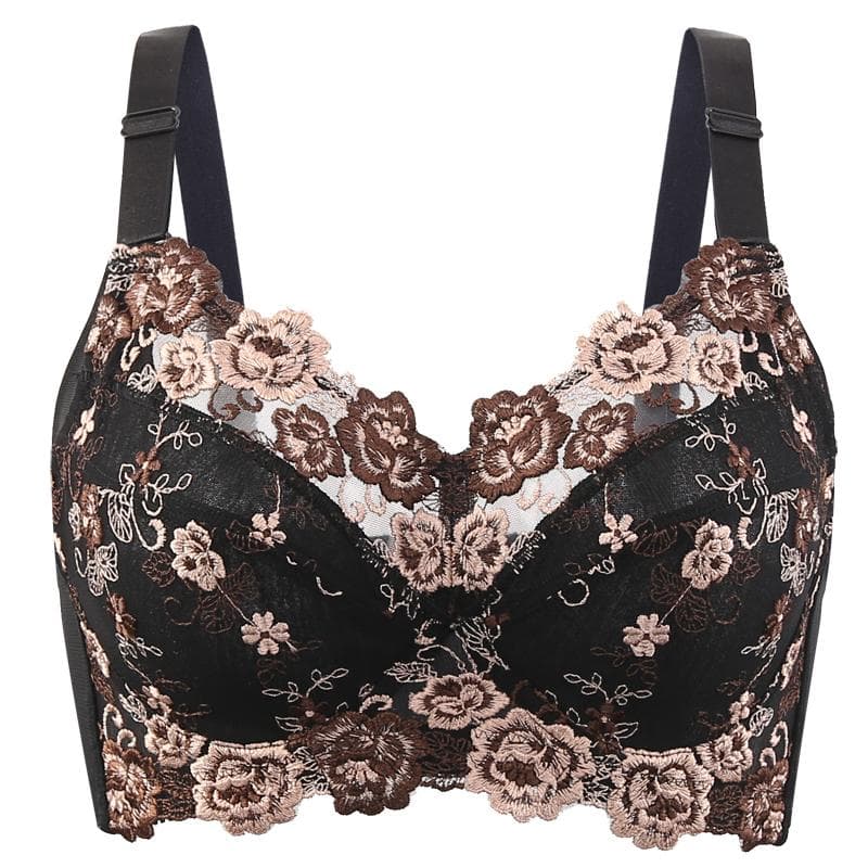Women's Full coverage Underwired Non Padding Sheer Floral Embroidered Bra 34 36 38 40 42 44 46 48 B C D E F 42/95C black