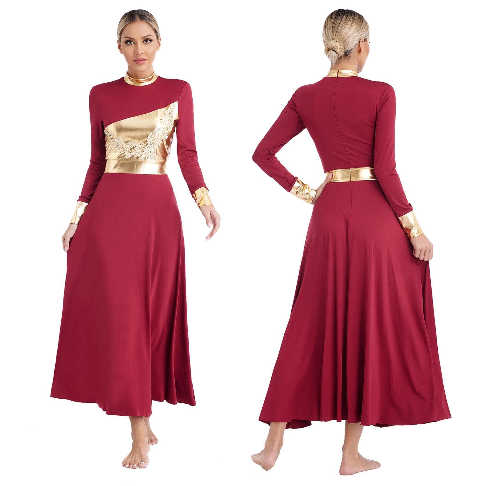 Womens Liturgical Worship Praise Lyrical Dance Dress Metallic Shiny Color Block Long Sleeve Applique Gown Church Choir Dancewear L burgundy