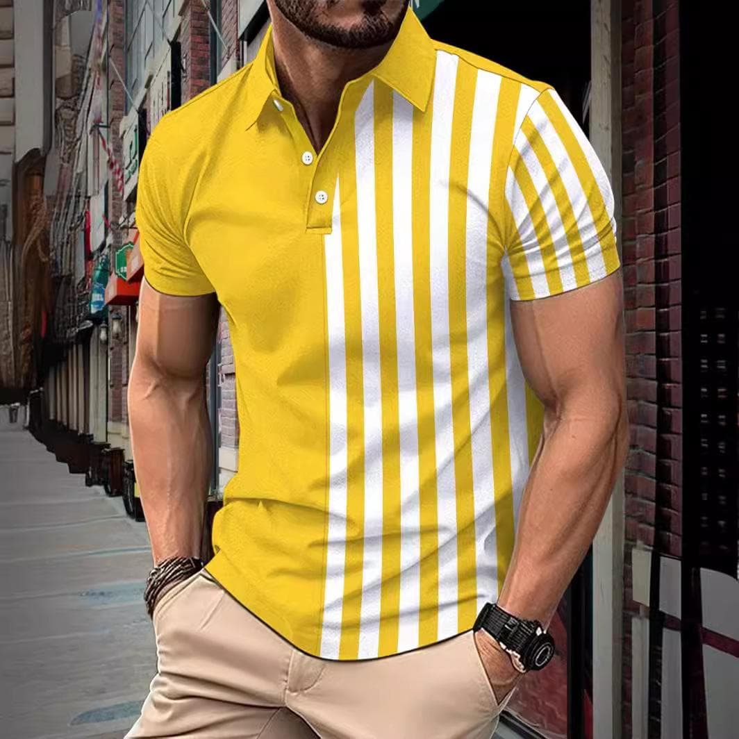 New summer new men's short-sleeved polo shirt striped printed lapel polo shirt men's T-shirt tops XXXL yellow
