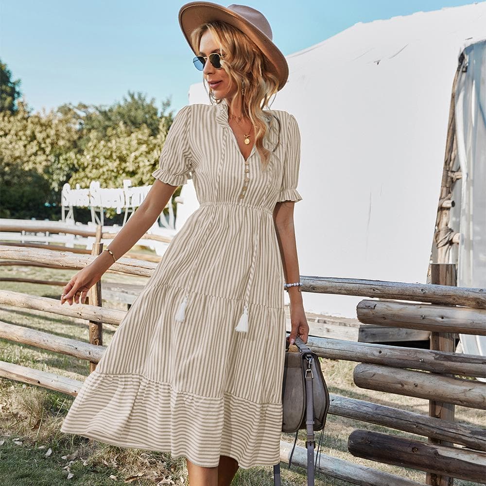 Women Elegant Striped Lantern Sleeve Summer Dress Causal V-neck Button Ruffles Midi Dress 2022 Women Beach Holiday Party Dress S khaki