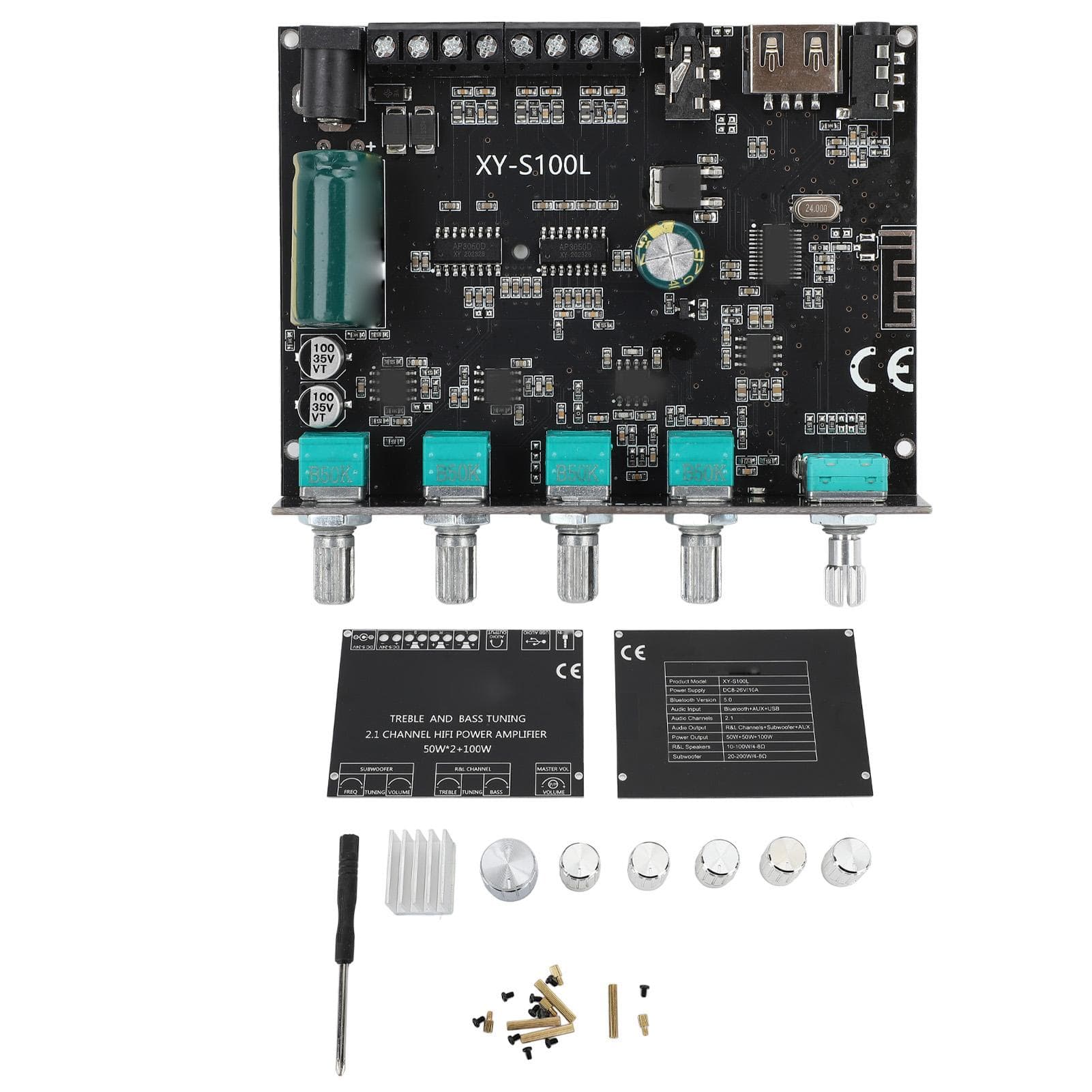 Stereo Audio Receiver Board Bluetooth 5.0 2.1 Channel Treble Bass Control 5 to 26V Class D Digital