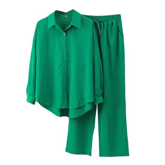 2 Pcs/Set Autumn Blouse Pants Set Fabulous Cardigan Solid Color Daily Wear Clothes 5XL green