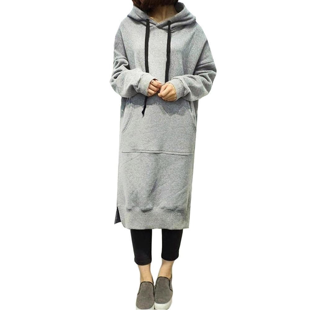 New Women Loose Long Sweatshirt Hooded Dress Solid Long Sleeve Pockets Split Casual Warm Hoodies L grey