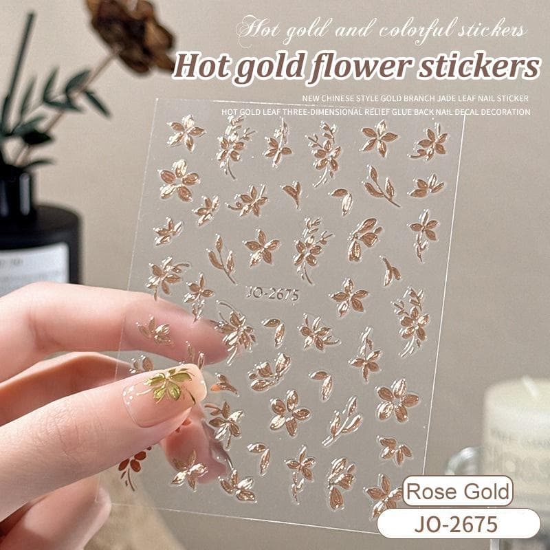 1 Sheet 3D Rose Gold Flower Nail Art Stickers Ultra-thin Self-Adhesive Gold Color DIY Decals Manicure Decoration JO-2675 rose gold