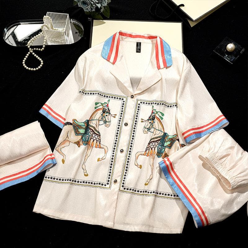 Summer and Autumn Three-piece Ice Silk Pajamas for Women with Short Sleeves and Comfortable Printed Herringbone Suit Set XL ivory