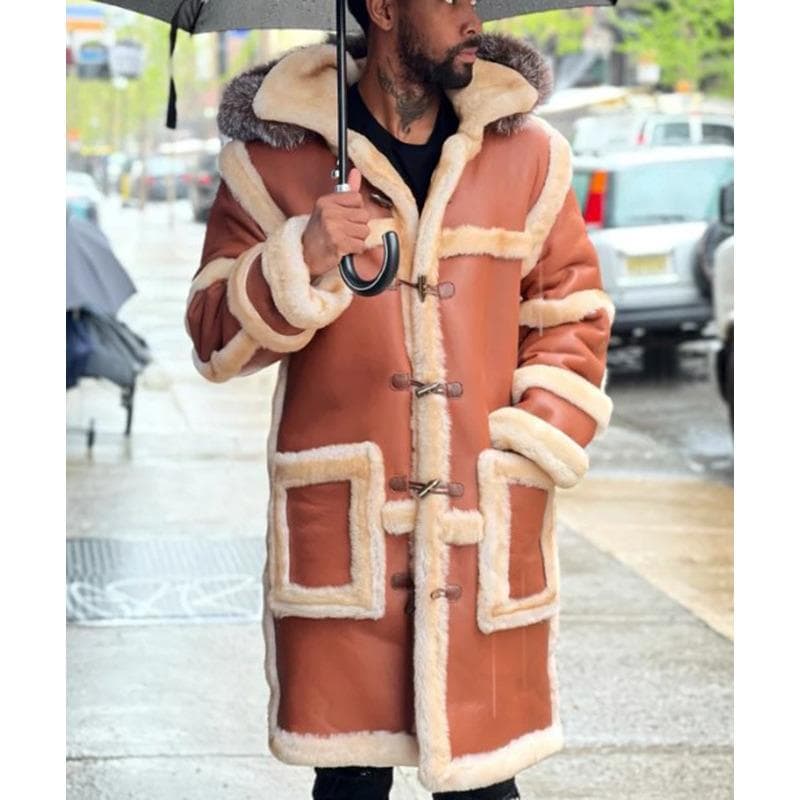 Big Brown Fur Collar Hooded Horn Buckle Men's Long Leather Jacket 5XL brown