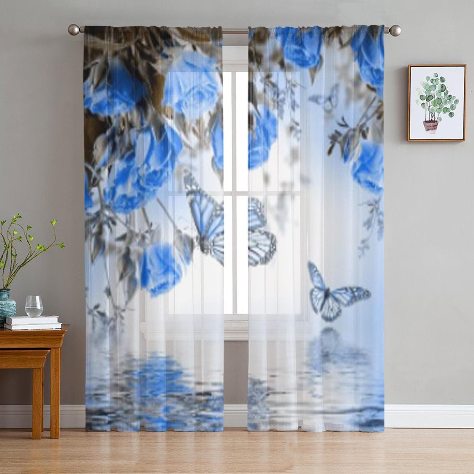 Roses And Butterfly Floral Flower Blue Tulle Sheer Curtains for Living Room Bedroom Kitchen Decoration Voile Organza Curtains 135W x 114H(cm)