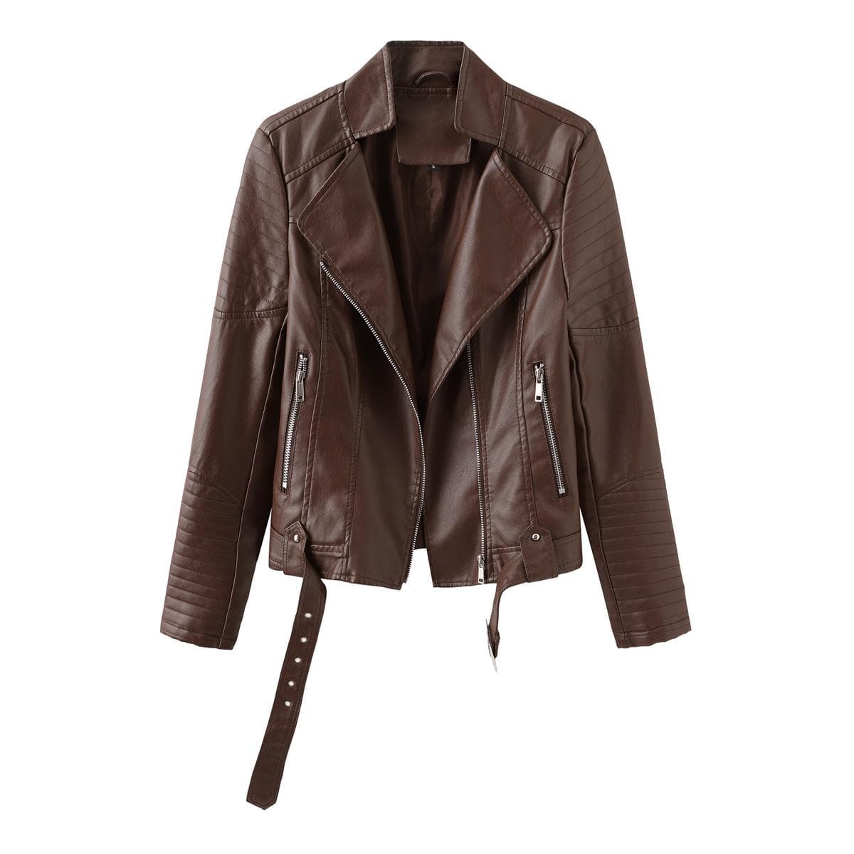 Street Trendy Leather Jacket with Belt, Long-sleeved Spring and Autumn Thin Women's Jacket, European and American V-neck PU Jacket 3XL