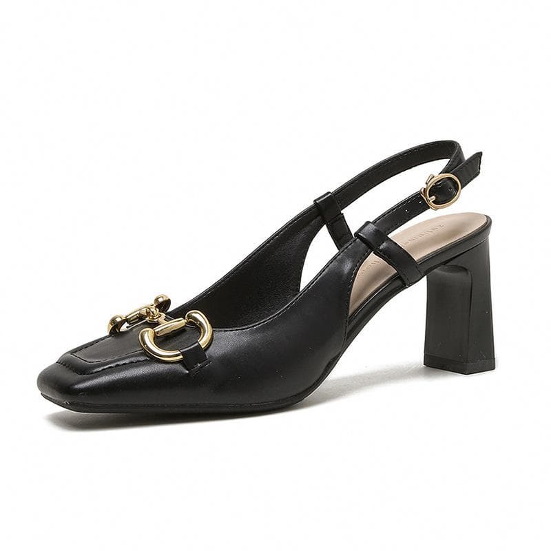 High-heeled Sandals Summer New Horsebit Thick-heeled Sandals French Baotou Empty Mary Jane Shoes 39 black