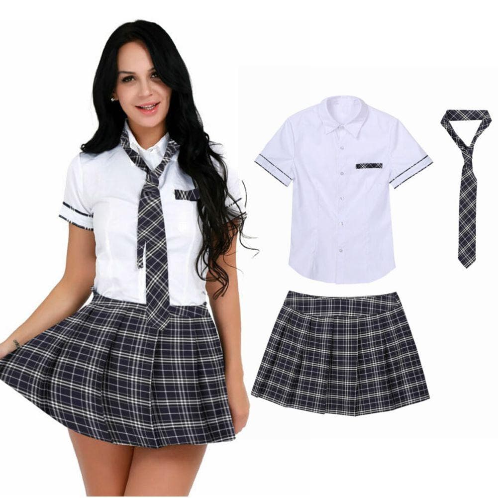 Women School Uniform Cosplay Set Short Sleeve Shirt with Plaid Skirt Costume 3XL navy blue