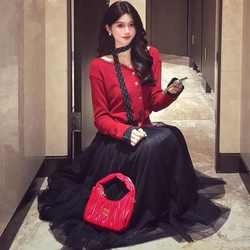 French Style Gentle and High-end Long Skirt In Summer New Design High Waist A-line Mesh Skirt L black