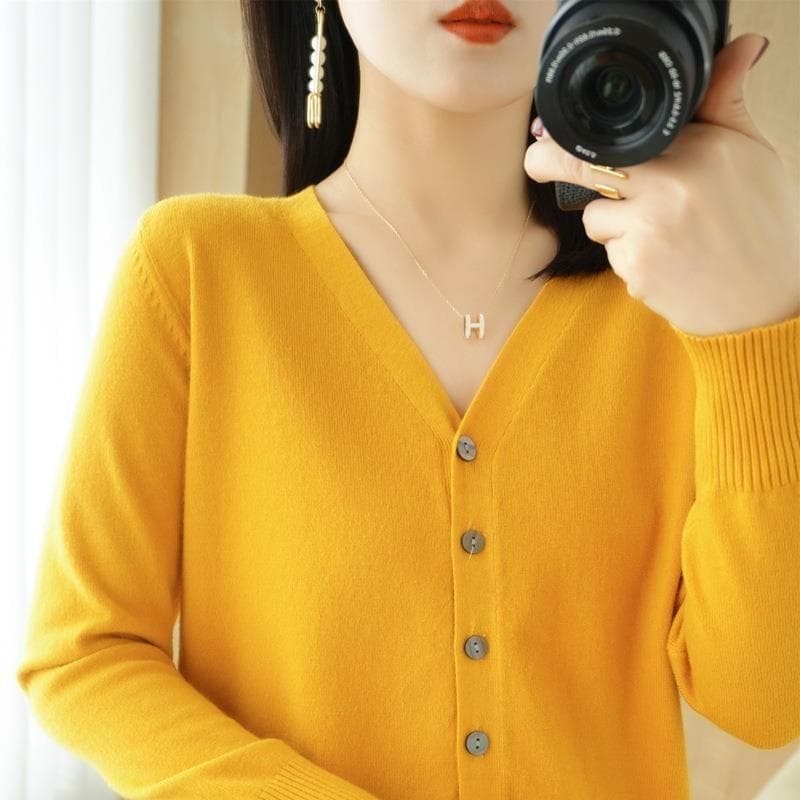 Women Cardigans Autumn Winter Single Breasted Knitwears Long Sleeve V-neck Knit Cardigan Korean Fashion Spring Casual Sweater XL yellow