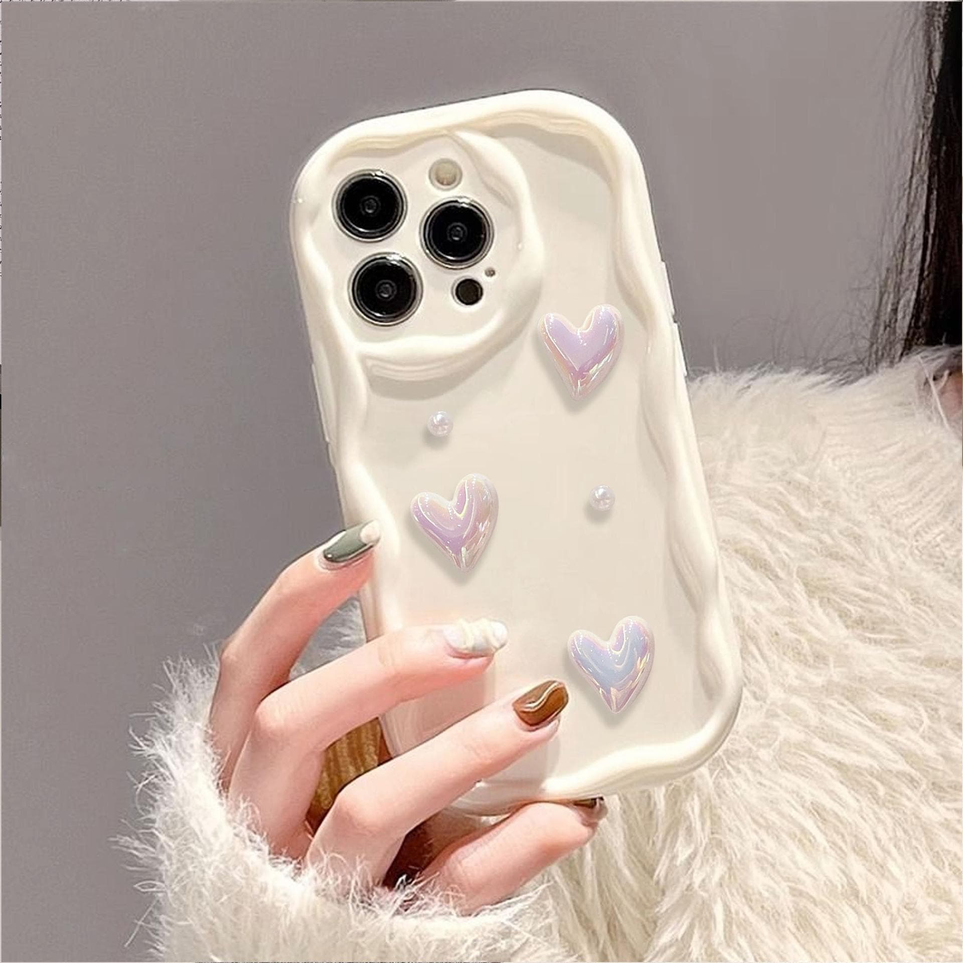 Three-dimensional Waves Suitable for IPhone14pro White Love Pearl Mobile Phone Chain Apple 15/16pro Mobile Phone Case iPhone15