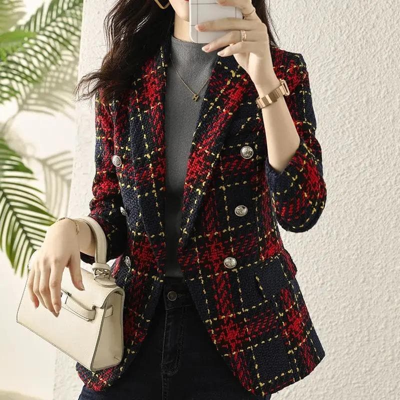 High-End Tweed Blazer Small Fragrance Women Vintage Plaid Short Suit Jacket Fashion Slim V-Neck Double Breasted Blazers Female XXL