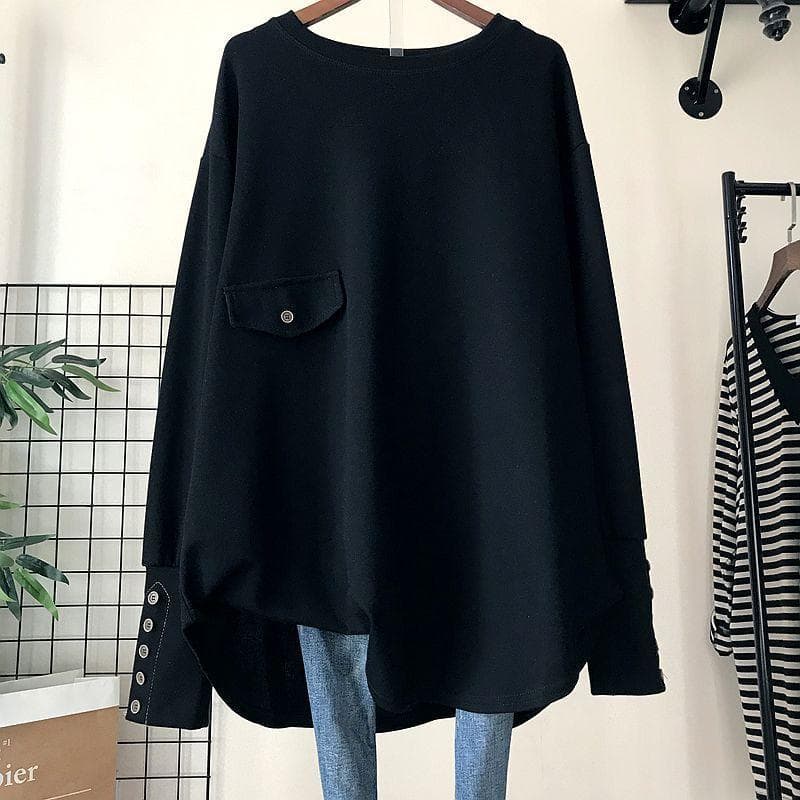 Irregular Mid-length Tops for Women Large Size Loose Long Sleeve T-shirt M black
