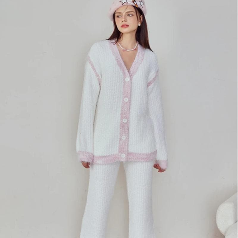 White Elegant Soft Half Side Velvet Autumn and Winter New Sweet Fleece-lined Thickened Home Clothes Comfortable Suit One Size white