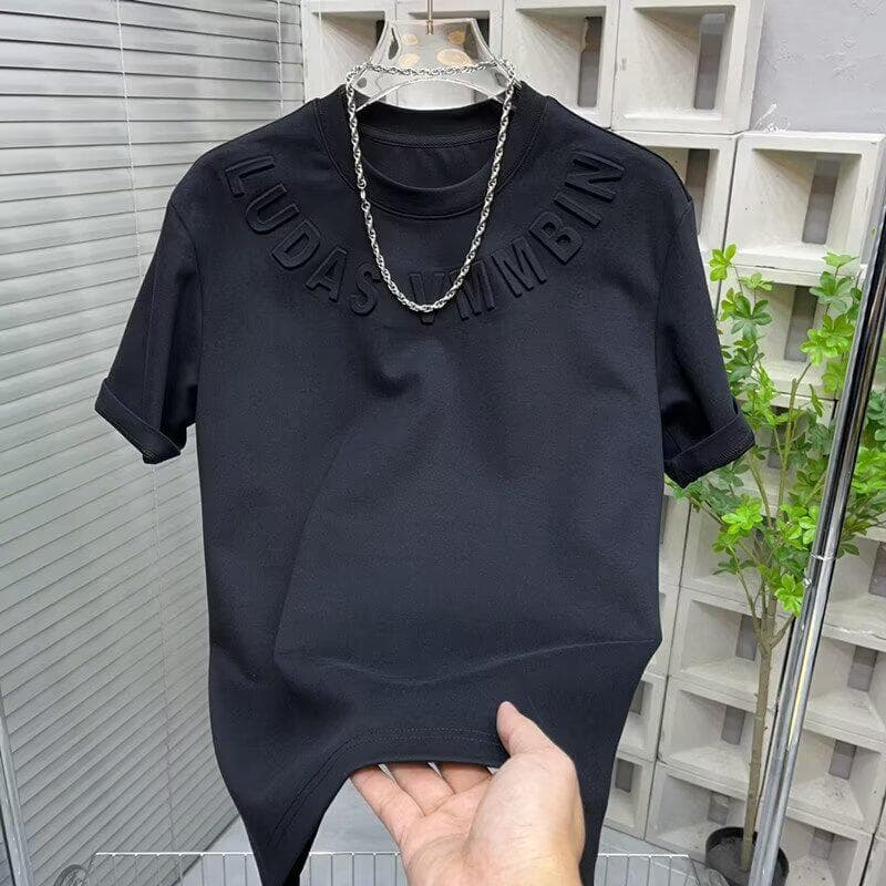 2024 Men's Loose Fit Steel Printed Letter Short-Sleeve Fashion T-Shirt M black