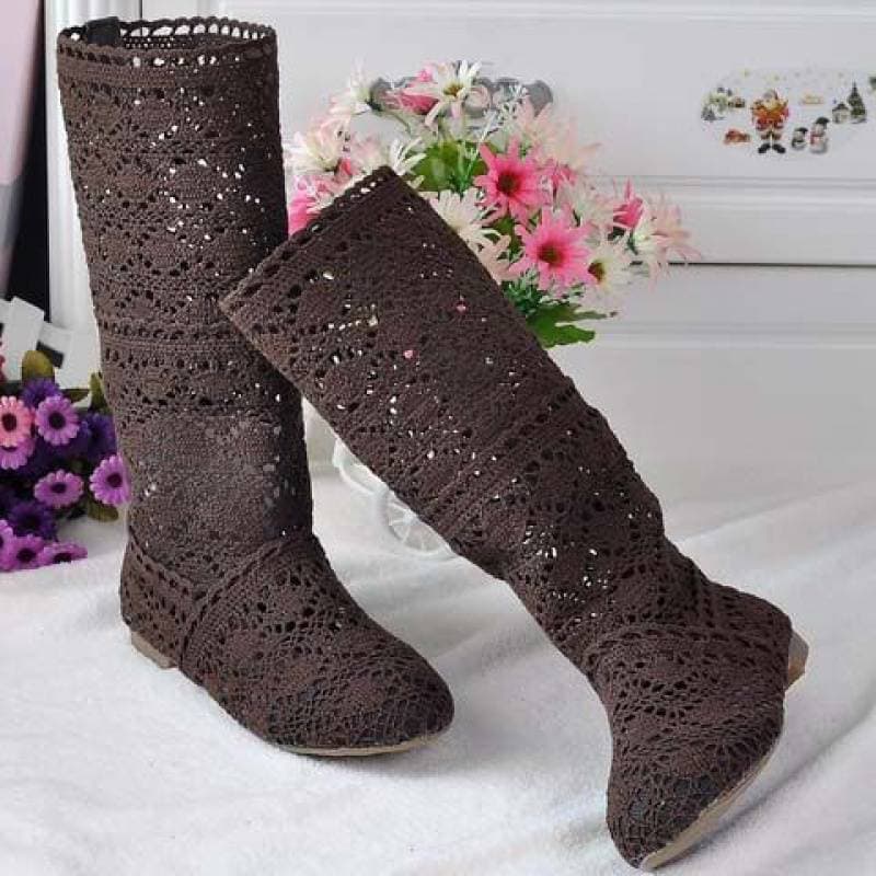 Lace Hollow Boots Shoes Breathable Knit Line Mesh Korean High Summer Women Boots Knee High Womens Shoes 36 brown