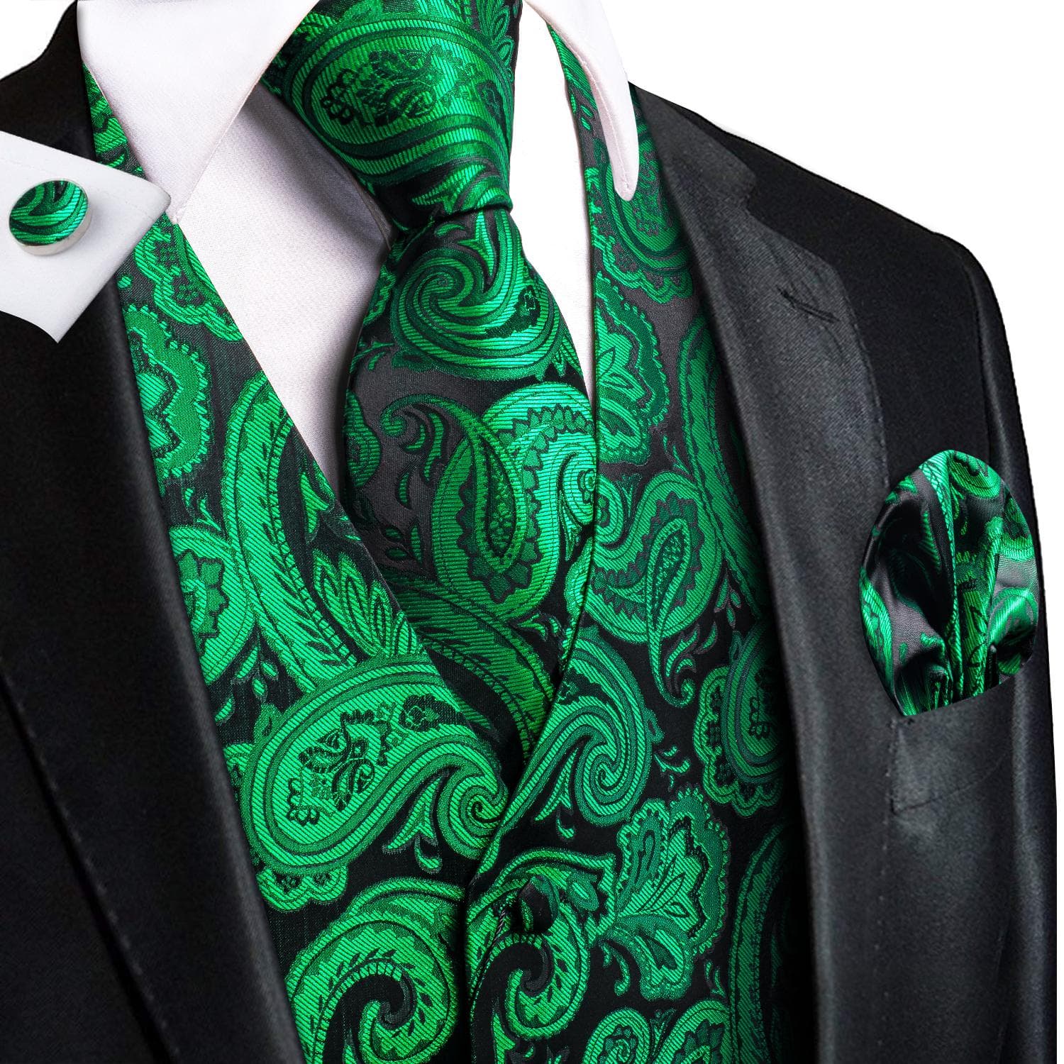 Hi-Tie Tuxedo waistcoat for Men Suit Vest Necktie Handkerchief Cufflinks Set for Wedding Business XL