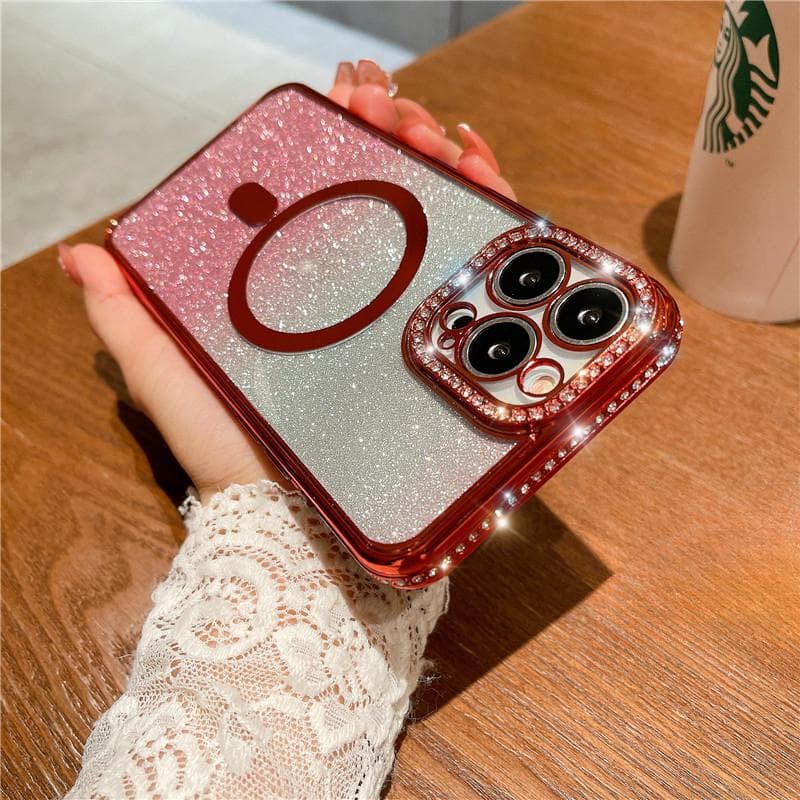 Applicable To IPhone16proMax Rhinestone Magnetic Charging Mobile Phone Case Flash Powder Apple 15 Gradient Luxury 14 Electroplating Case iPhone11promax red