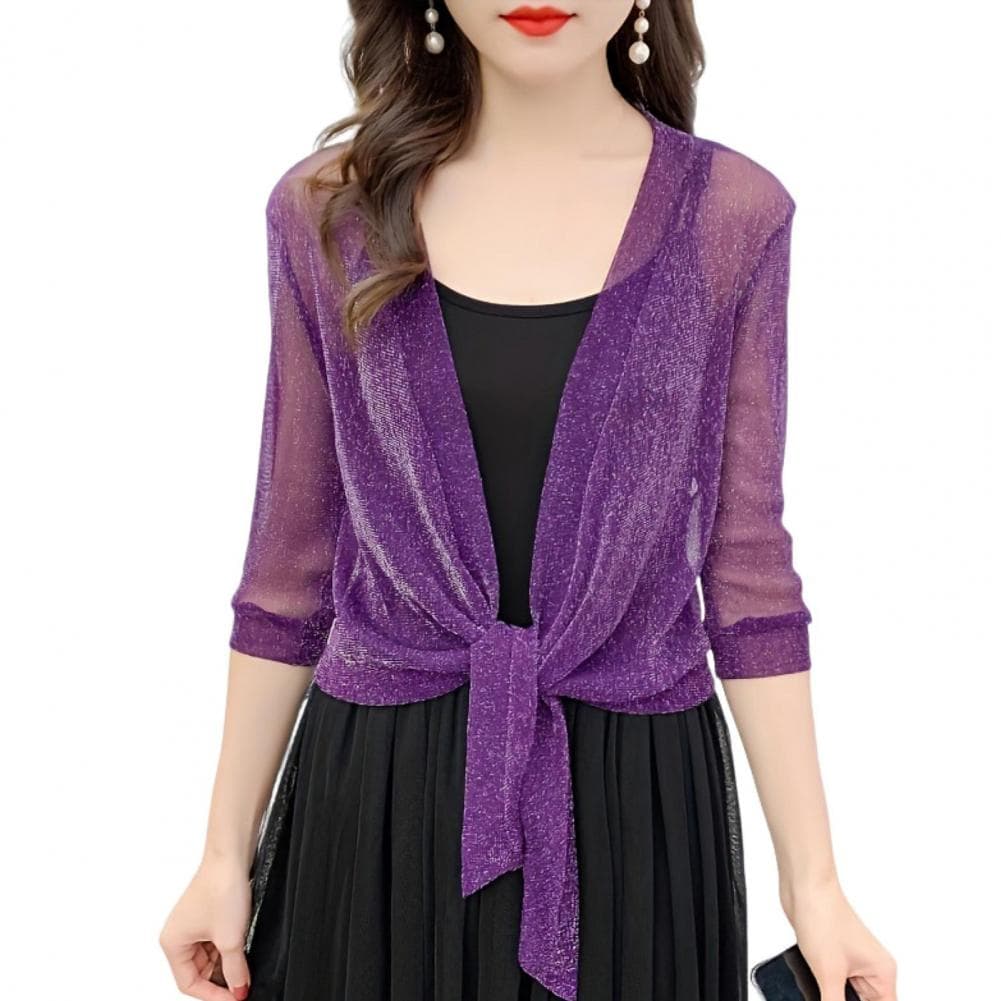 Women Shawl Coat V-neck 3/4 Sleeve Lace-up Thin Coat Solid Color Strappy Design Regular Fit Top Cocktail Party Wear purple