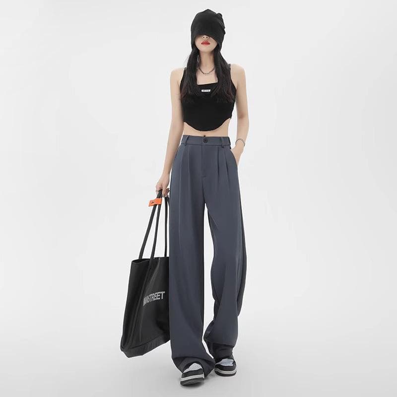 Suit casual pants women's high waist drape straight narrow wide-leg trousers 5XL gray