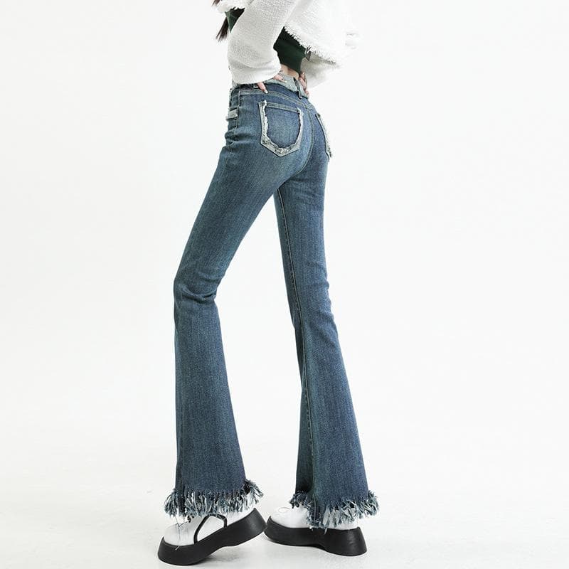 Retro Blue Micro-flared Jeans Women's Early Spring New High-waisted and Thin Fringed Pants, Flared Pants L