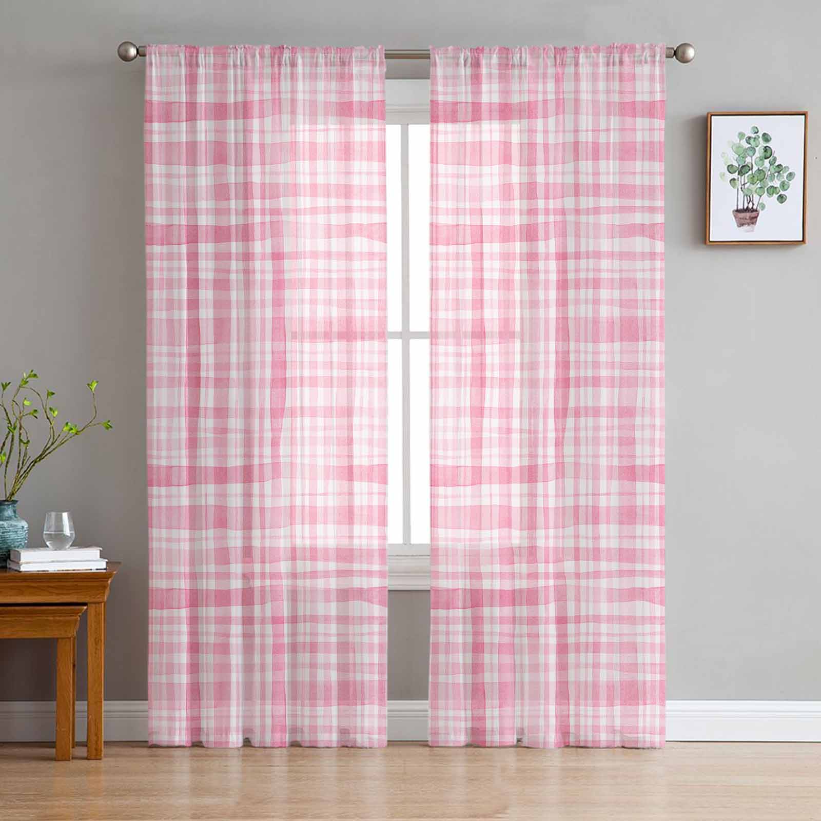 Watercolor Checkered Pink Tulle Window Curtains for Bedroom Luxury Home Decor Drapes in Living Room Chiffon Panels 135W x 114H(cm)