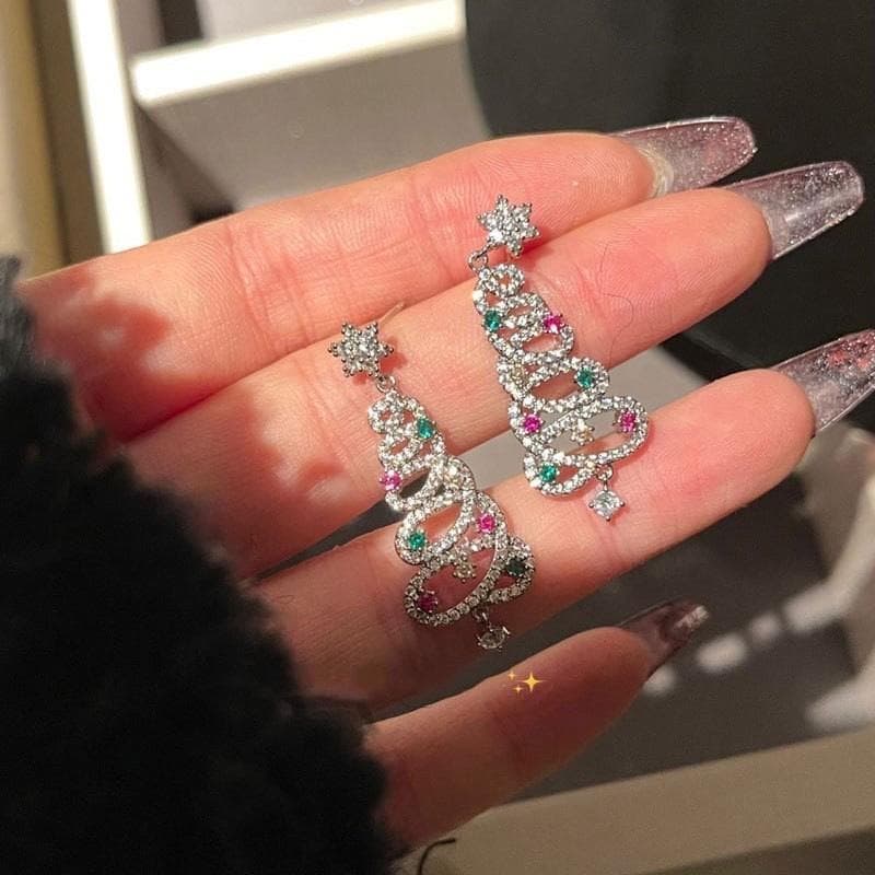 Fashion Christmas Tree Zircon Star Silver Color Earrings Stud Dangle Xmas Jewelry Women Party Gift silver