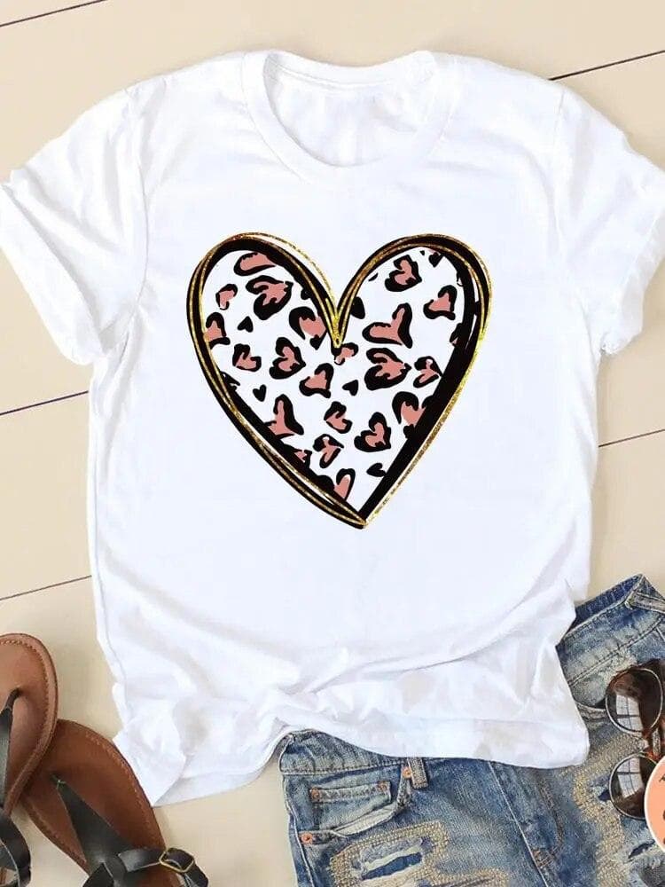Short Sleeve Tee T-shirts Summer Casual Female Clothing Fashion Leopard Love Heart Trend Women Regular Graphic T Shirt Clothes XL white