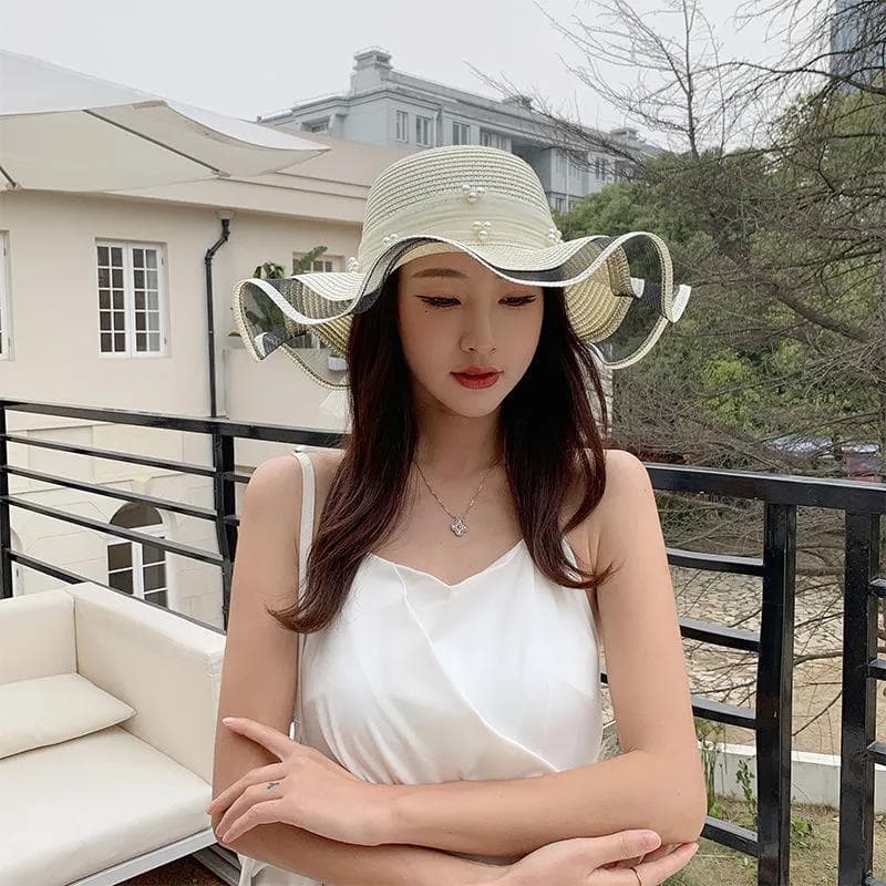 Straw Hat Women's Seaside Beach Hat Summer Temperament All-match Fashion Sun Hat Sunscreen Anti-ultraviolet Sun Hat one size white