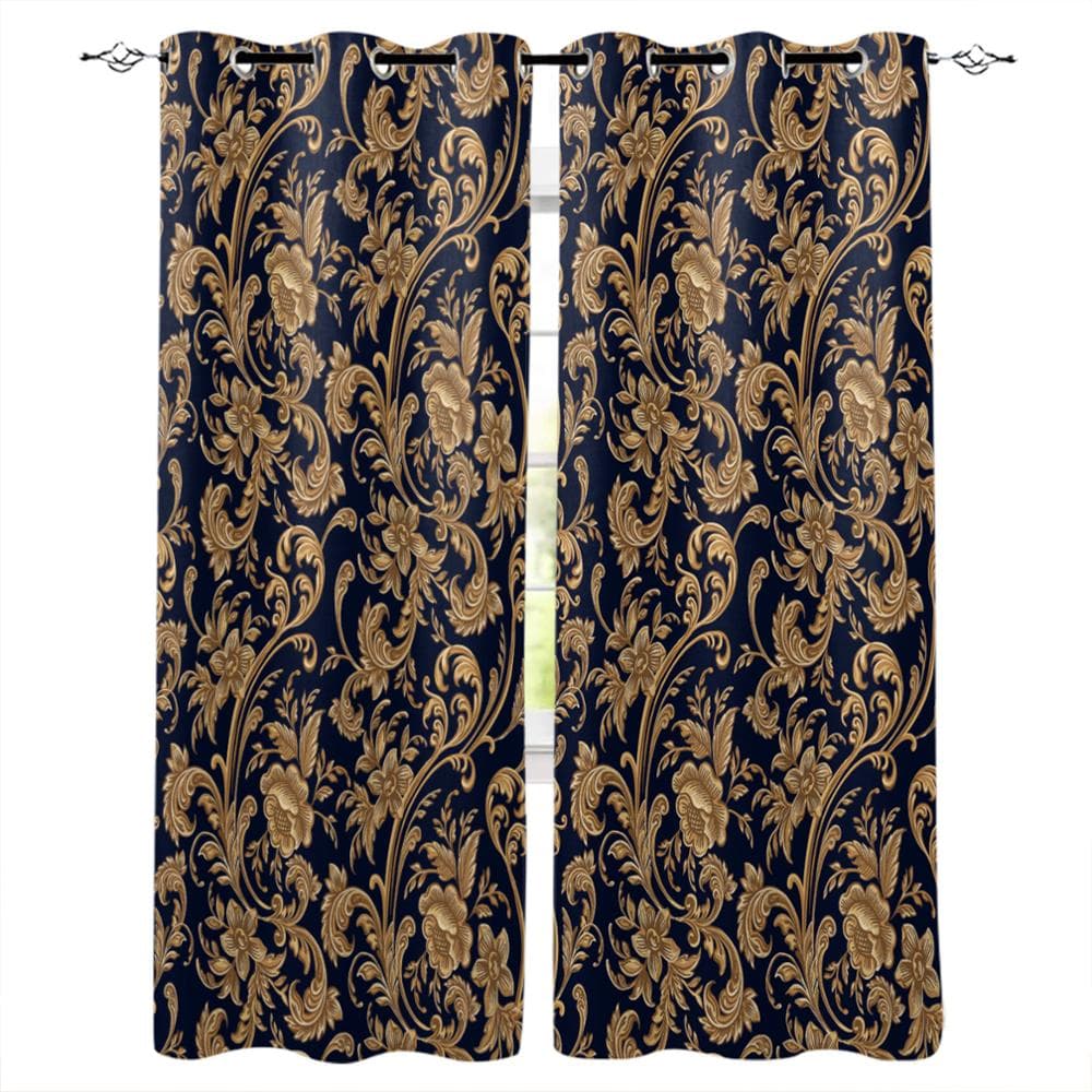 Baroque Golden Flower Leaves Gorgeous Window Curtains Scenic Curtains for Living Room Decorative Items Living Room 135W x 135H(cm)