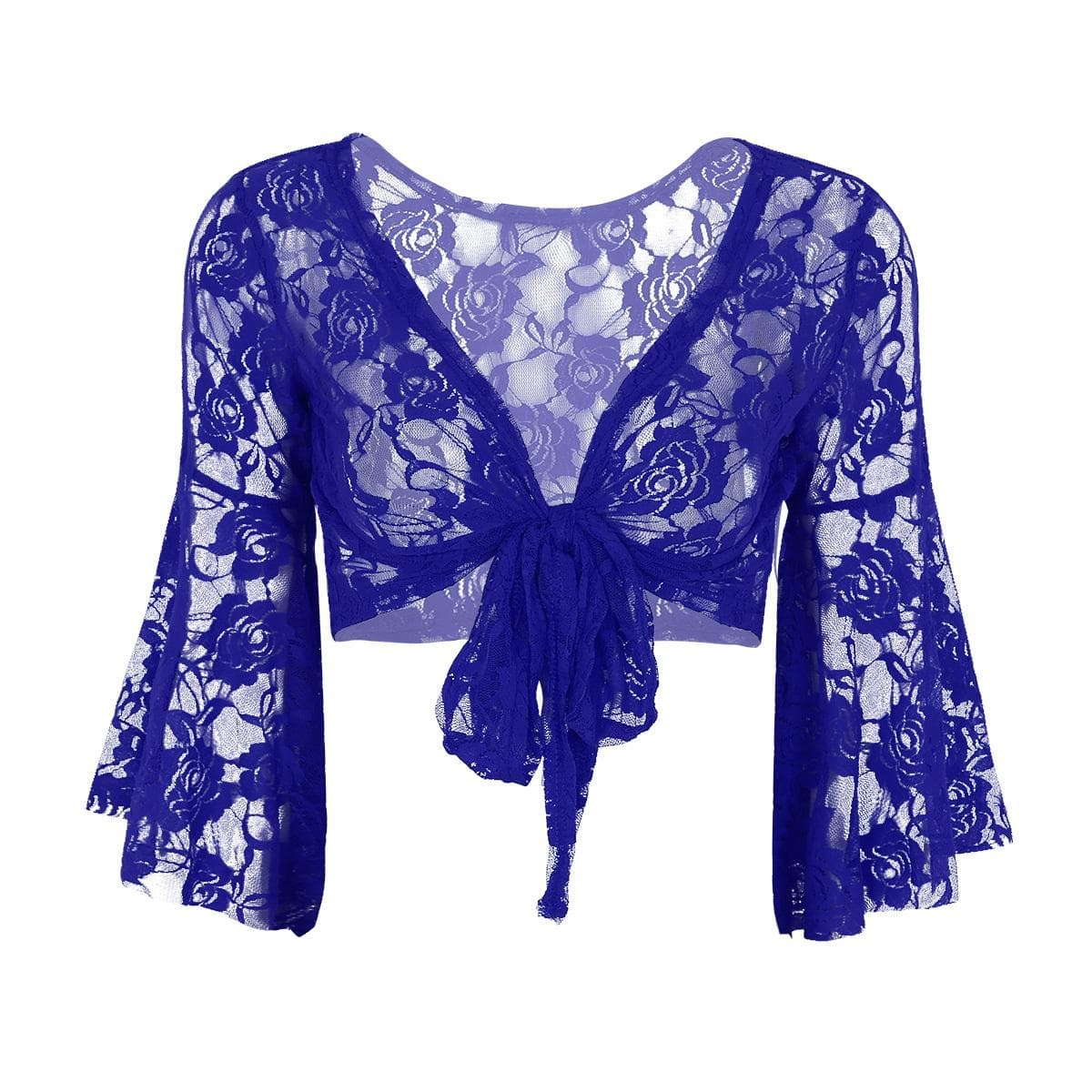 Elegant Women Lace Wedding Party Long Flare Sleeves Shrug Cropped Jacket Shrug For Evening Formal Prom Bolero royal blue
