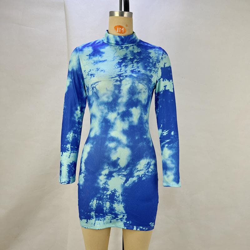 Women's Clothing Printed Knitted Long-sleeved Dress for Women's Spring and Autumn High-end Hip-packing Skirt XL blue