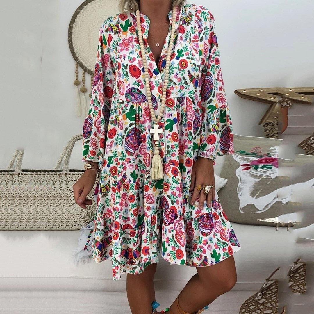 Plus Size Women's Fashion Loose Casual V neck long sleeve Floral print summer dress 5XL white