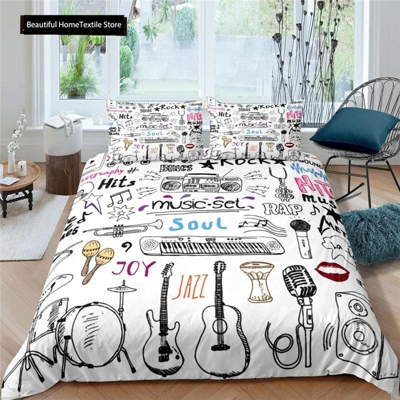 3d Music Notes Guitar Duvet Cover Set For Teens Adults Bedroom Decor Music Bedding Sets Fashion Hip Hop Comforter Cover 70x133cm 2pcs