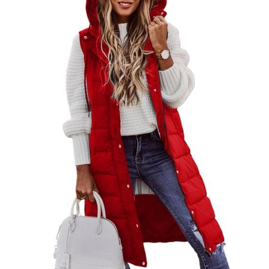 Women Vest Coat Padded Solid Color Sleeveless Hooded Drawstring Single-breasted Mid Length Slim Fit Zipper Hem Pockets 3XL red