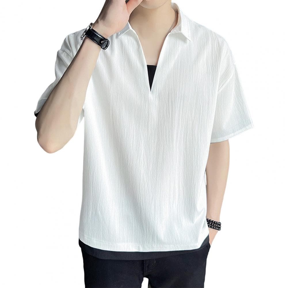 Summer Men Shirt V Neck Lapel Solid Color Fake Two-piece Ice Silk Short Sleeves Loose Pullover Stretchy Casual Daily T-shirt Spo L white