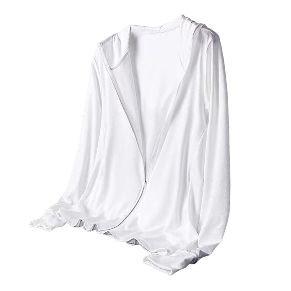 Men Sun Coat Hooded Long Sleeve Solid Color Summer Thin Coat Zipper Jacket Ice Silk Outdoor Fishing Outwear M white