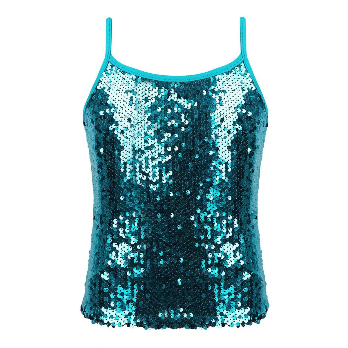 Kids Girls Shiny Sequins Camisole Tank Top for Jazz Modern Dance Competition Spaghetti Straps Vest 7-8 Years